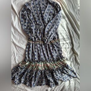 Sandro Paris Boho Print Long Sleeve Dress Blue Floral Silk Blend Size 40 NWT